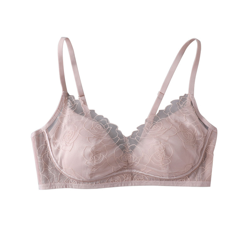 Sexy Rose-Patterned Silk Satin Bra with Widened Side Wings to Gather Side Breasts, Made of Mulberry Silk, Wireless and Comfortable Lingerie