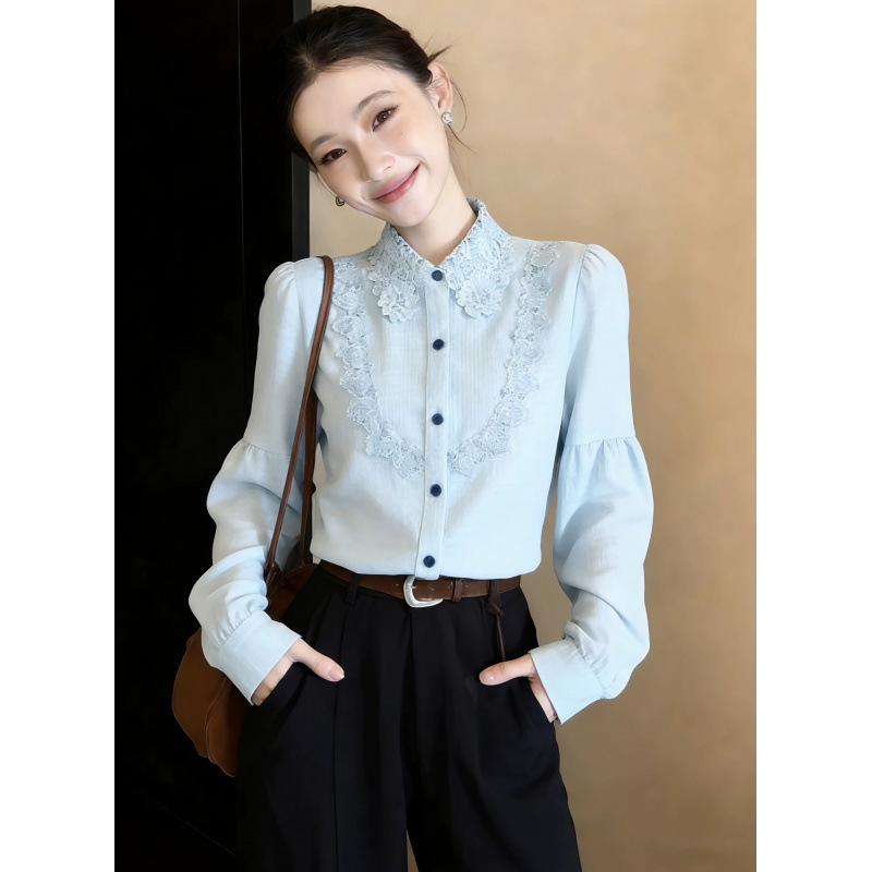 Blue Long-Sleeve Women's Shirt, Spring 2026 New Style, Unique and Beautiful, Very Attractive, Elegant Lace Turn-Down Collar Inner Shirt Blue Long-Sleeve Women's Shirt, Spring 2026 New Style, Unique and Beautiful, Very Attractive, Elegant Lace Turn-Down Collar Inner Shirt