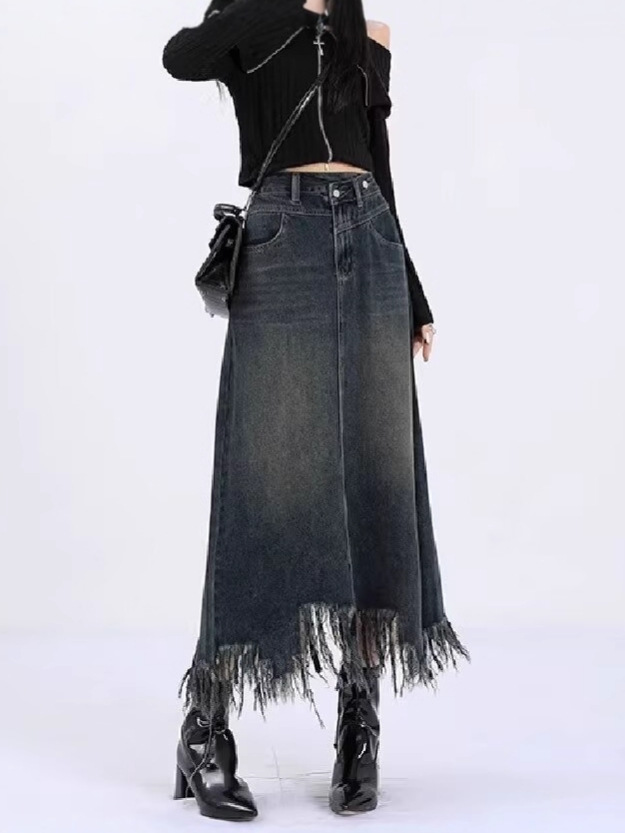 Autumn long denim skirt