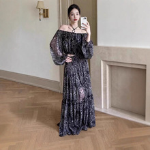 波西米亚风百搭款印花一字肩荷叶边露肩雪纺上衣+半身长裙气质女