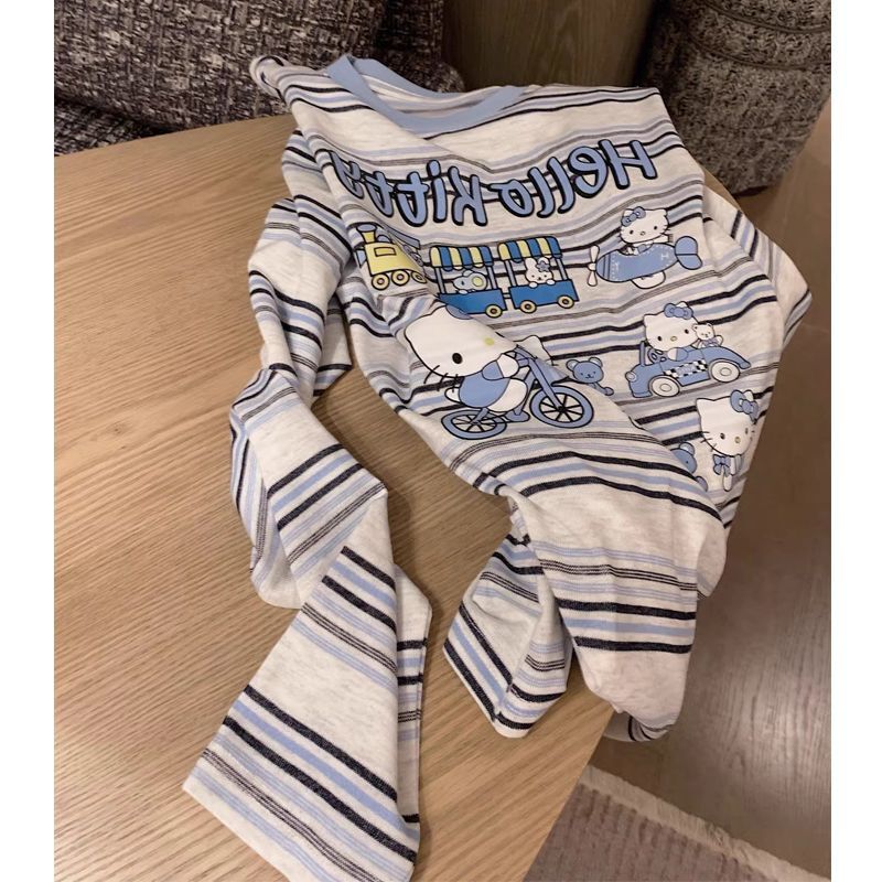 ファッショナブルな年齢を減らすストライプキティ猫長袖 Tシャツ女性の夏薄いわずかに透けるルーズ日焼け止めブラウス女性のトップ|undefined