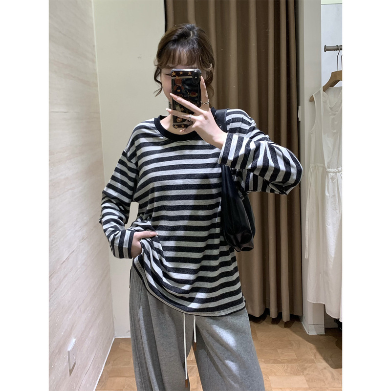 泽黛佳伊 韩系早秋新款复古慵懒风莱赛尔羊毛混纺撞色条纹长袖T恤|undefined