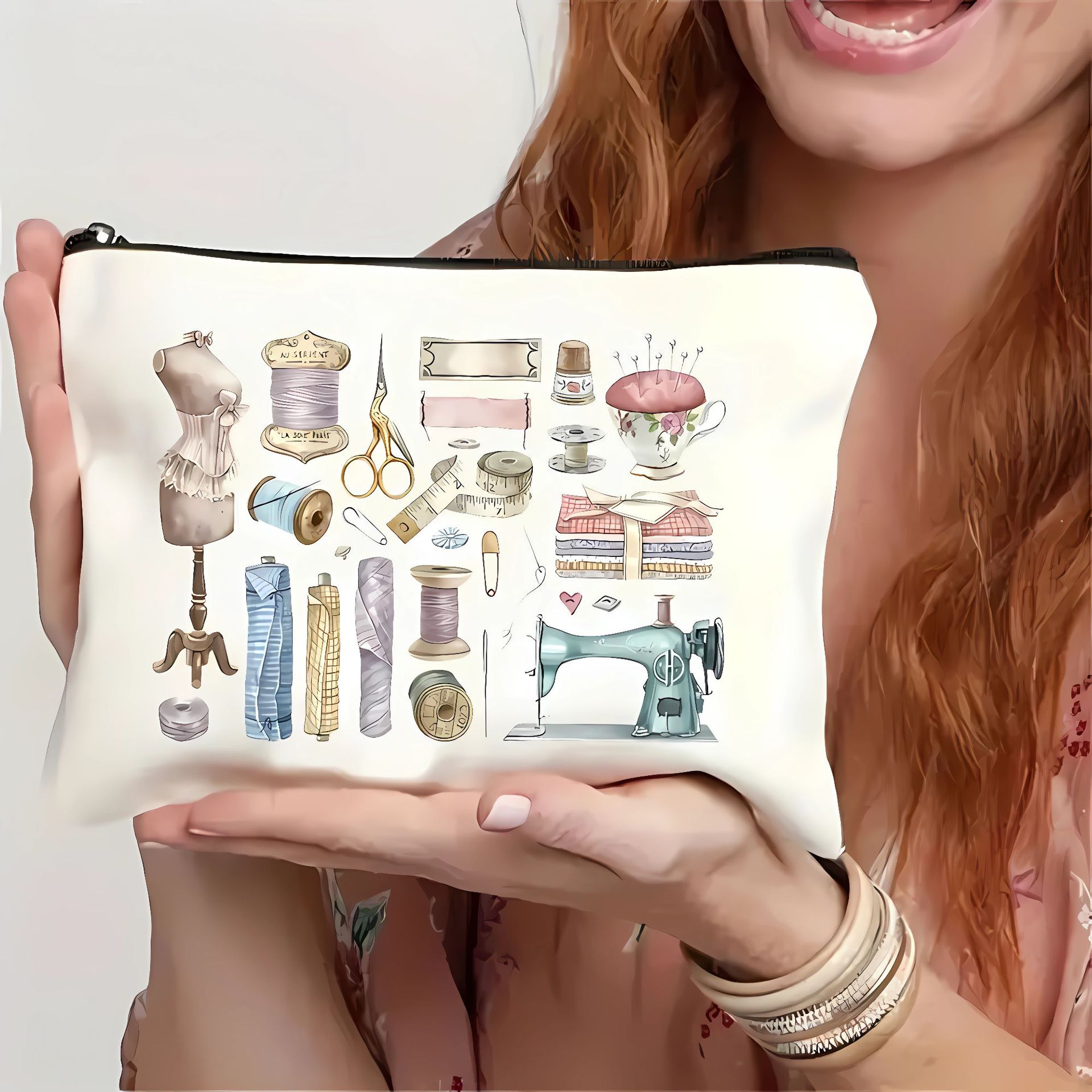 Cross-Border Hot Selling Sewing Machine Lovers Cosmetic Bag Zipper Toiletry Bag Jewelry Lipstick Storage Bag Customized According to Pictures