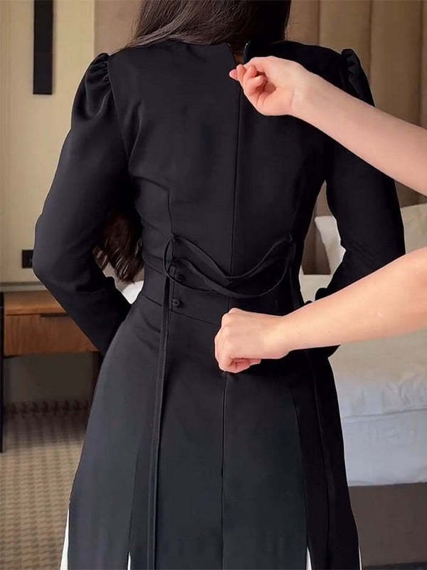 新款欧美外贸女装跨境圆领撞色长袖高腰修身气质复古礼服|undefined