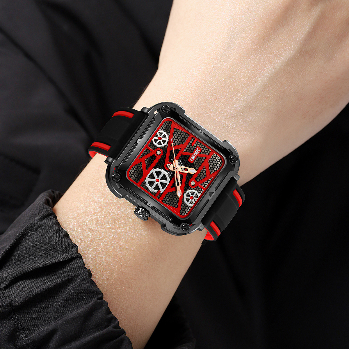 Momento Meiyuan fábrica de reloj de pulsera de engranaje cuadrado para hombres correa de silicona mecánica de viento impermeable reloj de cuarzo transfronterizo exclusivo