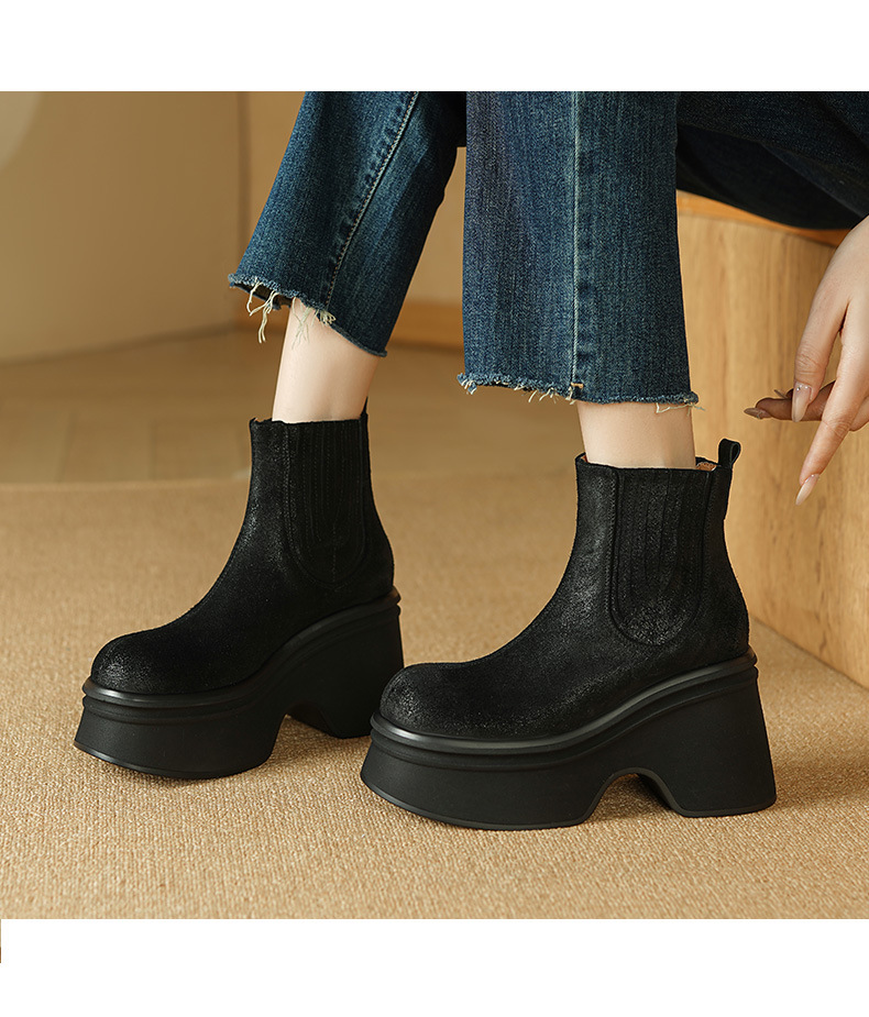 Giày boot Chelsea nữ cổ thun đế dày 10 cm chống nước mùa thu đông — đen, nâu sẫm chi tiết 8