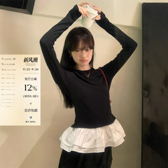 宋正恩芭蕾风花边黑色内搭打底衫女秋季新款加绒修身长袖t恤上衣