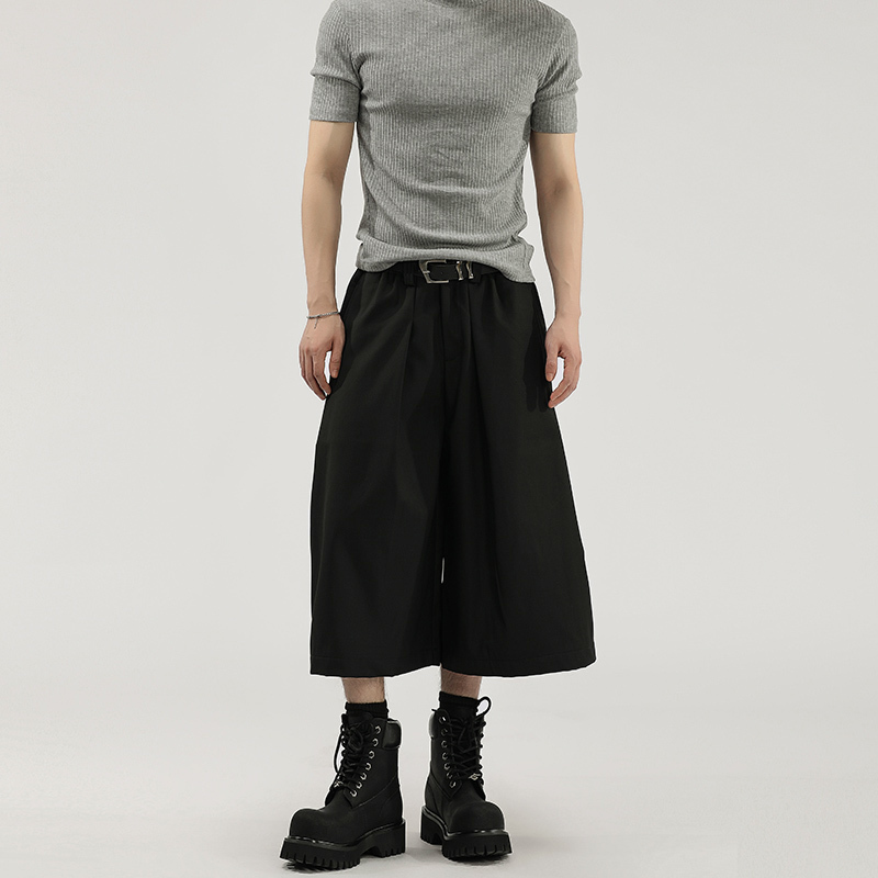 Stylish Solid Color Wide-Leg Pleated Drapey Semi-Elastic Waist Cropped Pants Unisex Casual Trousers Shorts Trendy Stylish Solid Color Wide-Leg Pleated Drapey Semi-Elastic Waist Cropped Pants Unisex Casual Trousers Shorts Trendy
