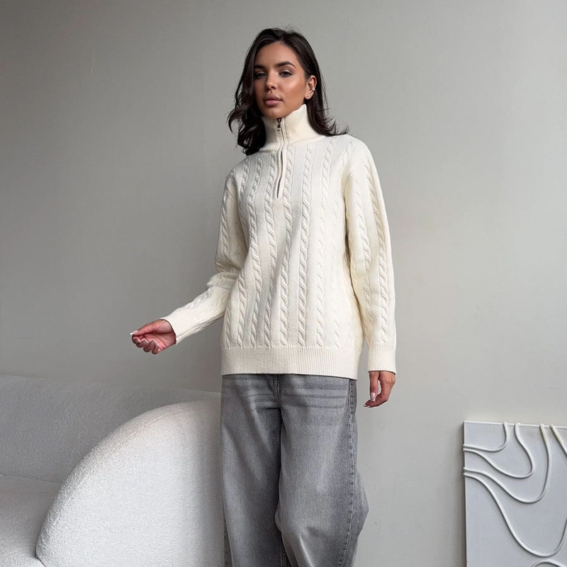New autumn and winter half-zip long-sleeve sweater for women, loose fit with twisted design, solid color, drop-shoulder knit pullover