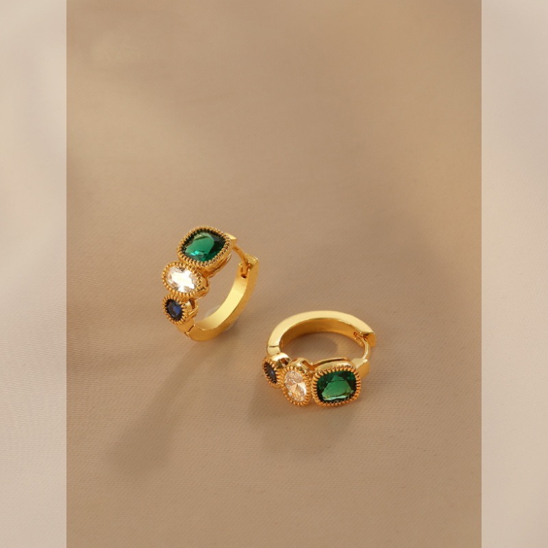 Retro Color Ring Ear Buckle Women's Hong Kong Style Unique Niche Temperament All-match Light Luxury High-end Emerald Ear Ring