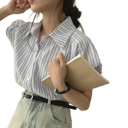 French Sweet Bubble Sleeve Striped Design Women's 2025 Summer New Soft Style Elegant Sun Protection Shirt