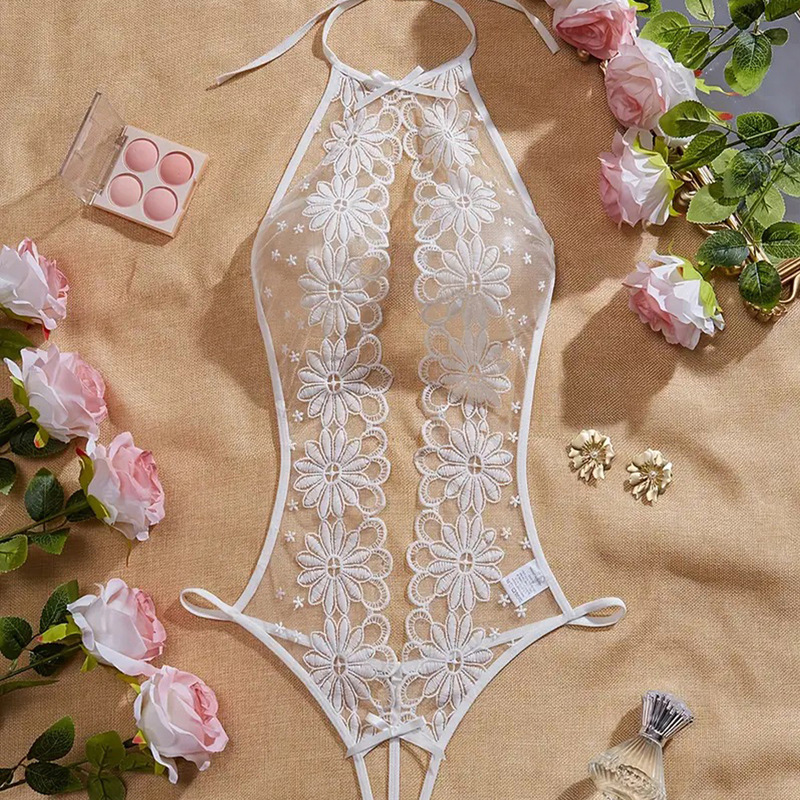 Hot Flower Embroidery Perspective Teddy Doll Hollow Backless Open Crotch Body Clothes Women's Sexy Underwear