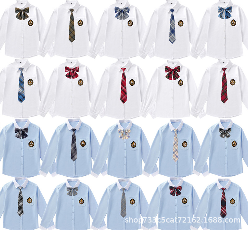 In stock to send bow tie or tie white blue men's and women's long-sleeved shirt top student's British college style class campus uniform