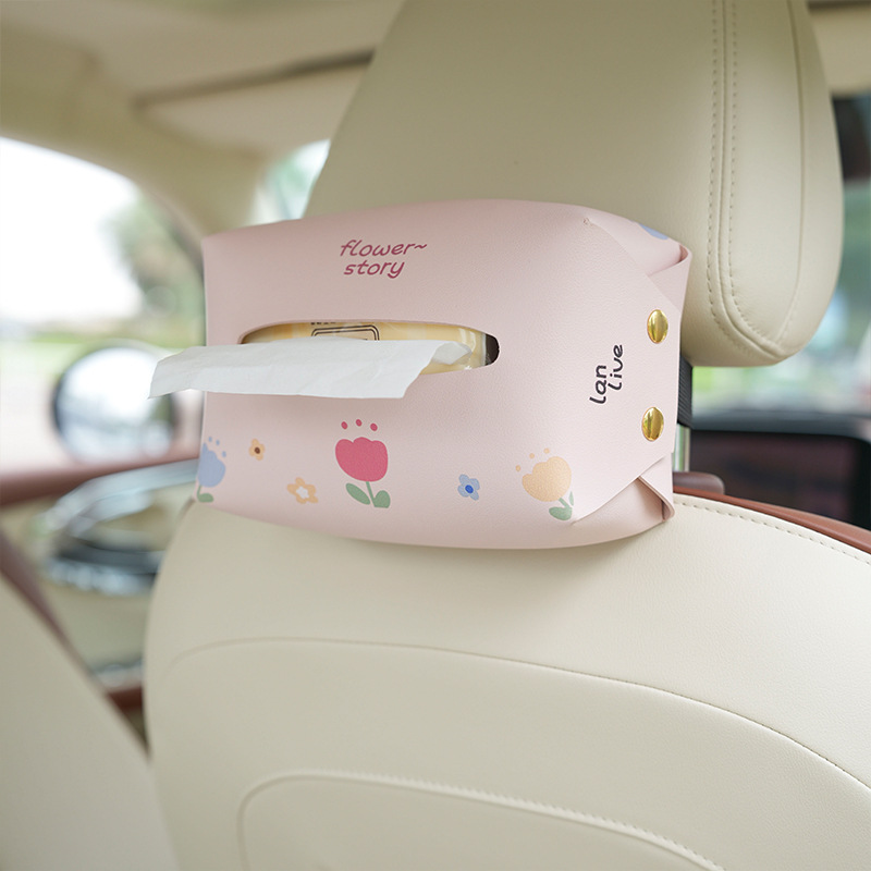 Car Mount Tissue Box Leather Cartoon Print Car Seat Back Hanging Tissue Box Creative Multifunctional Automotive Accessory