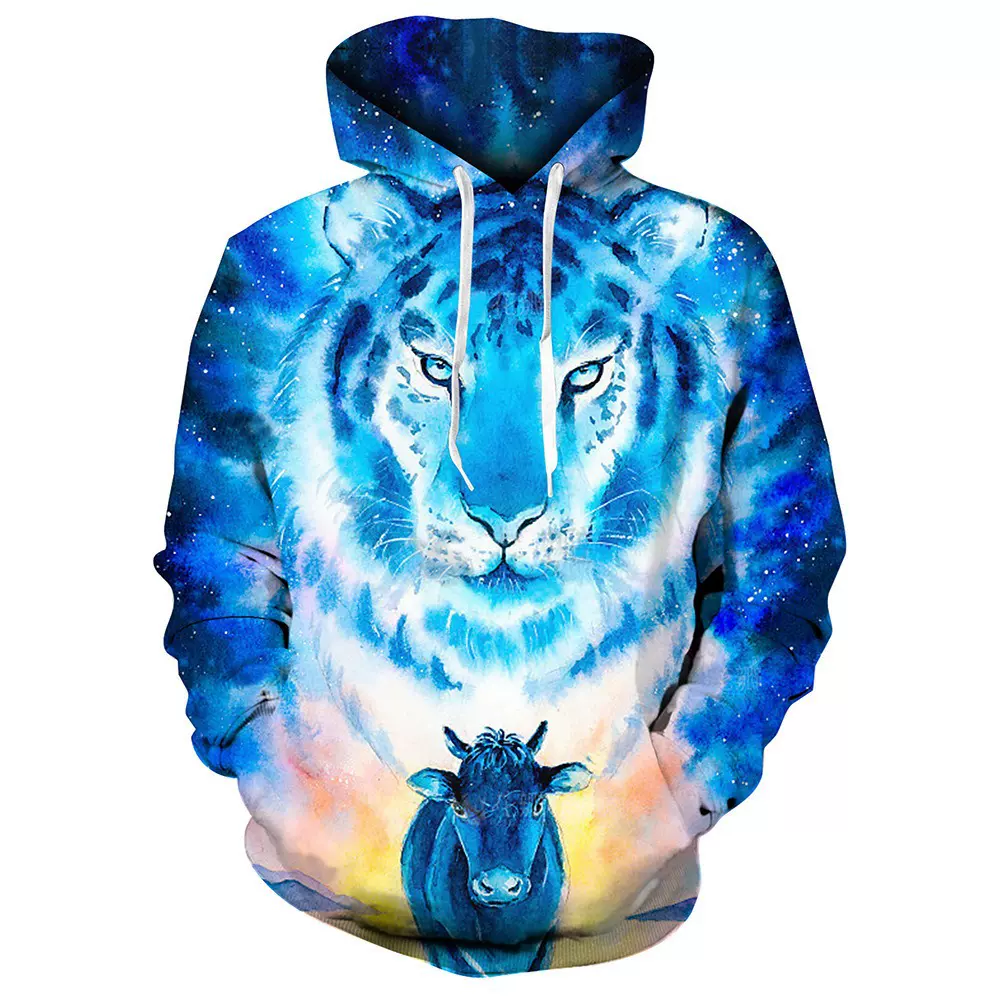 外贸跨境热款3D数码印花欧美男式长袖卫衣动物世界外套连帽卫衣