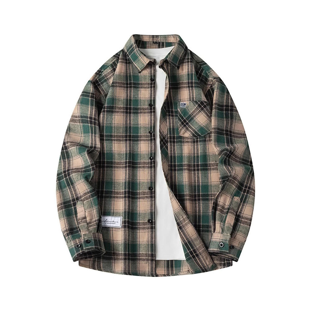 American trendy long sleeved plaid for men's 2024 spring and autumn new lapel casual shirt jacket top_voghion.com