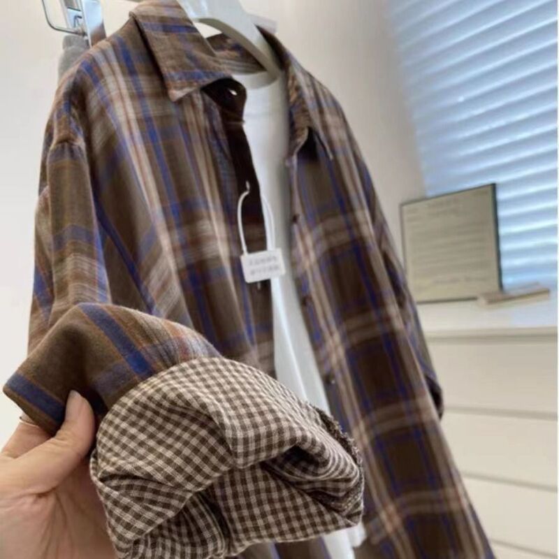 [Exclusively for Southeast Asia] American Retro Double-Sided Plaid Shirt Jacket for Women, Spring, Autumn, and Summer, Mid-Length, Thin Style Shirt