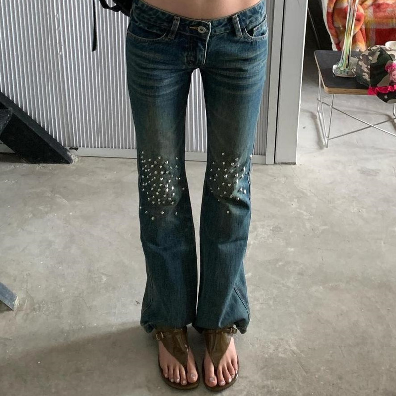 American Retro Flared Jeans for Women Y2K Style Washed Vintage Knee Rivet Slim Fit Slimming Drapey Long Pants