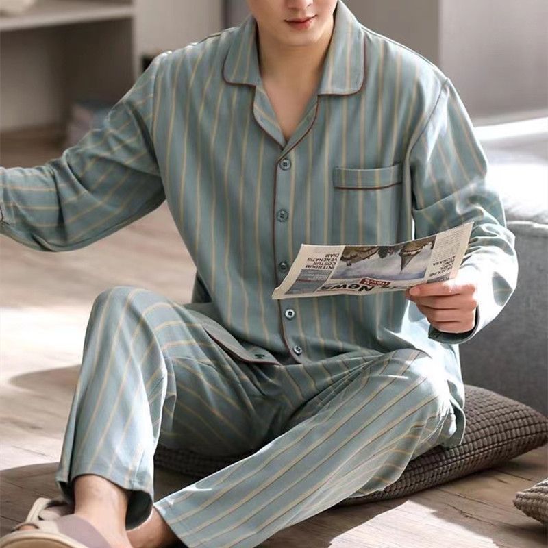 Men's Pajamas Spring and Autum Pure Cotton Long-Sleeved Autum 2024 New Autum and Winter Large Size Simple Can Be Worn Outside Home Clothes