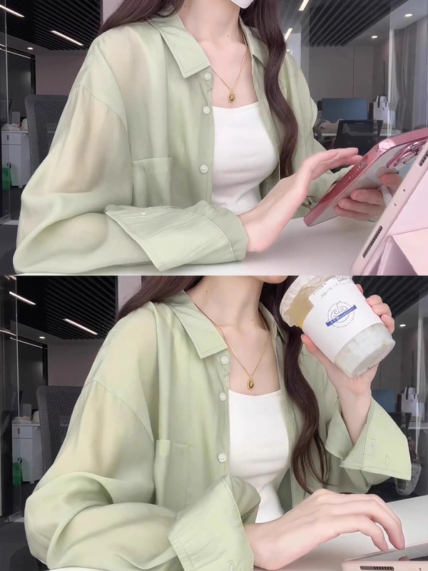 薄荷绿色防晒衬衫女早秋季薄款外搭衬衣2025新款感雪纺上衣外套|undefined