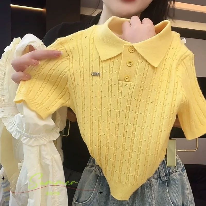 小鸡黄薄款镂空针织上衣短袖女童配裙子时尚百搭纯色领恤衫