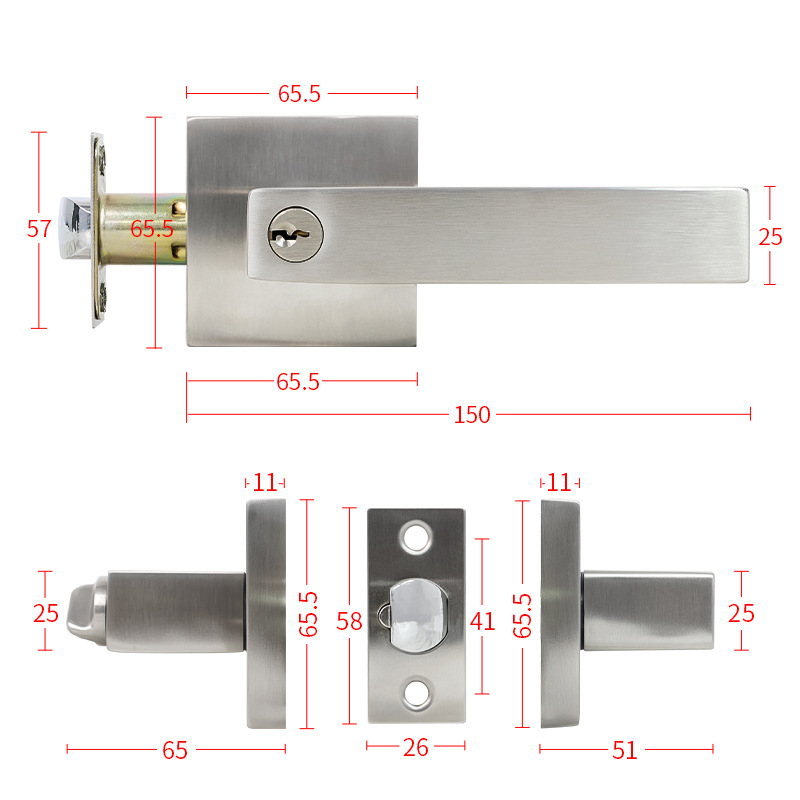 Acero inoxidable transfronterizo de tres barras cerradura de puerta de baño cerradura de puerta interior de madera ajustable cerradura de manija cerradura de puerta de paso contra incendios