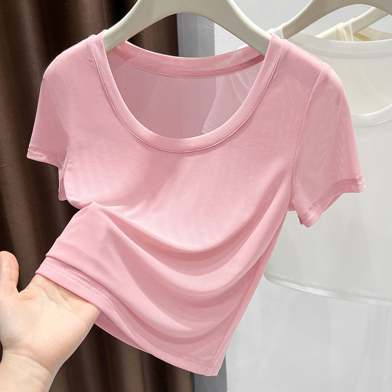 Ice Silk Cool Transparent Sheer T-Shirt for Women, Short-Sleeved, New Style, Round Neck, Regular Shoulder, Slimming Mesh Top, Short Version