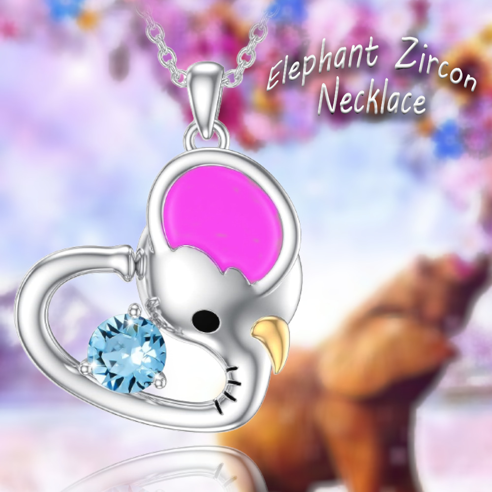 Collana con ciondolo a forma di elefante con grandi orecchie rosa e zircone blu semplice e adorabile, tendenza alla personalità, regali per bambini_voghion.com