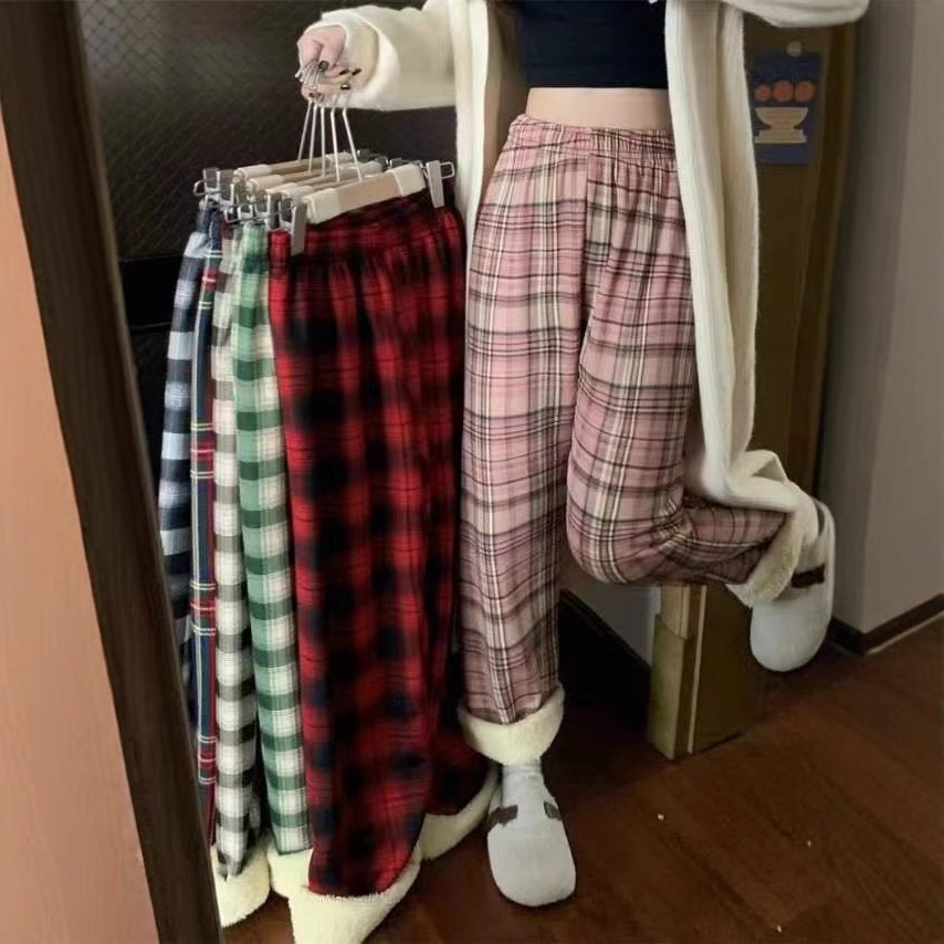 羊羔绒格子裤秋冬季女加绒加厚高腰显瘦宽松直筒裤休闲保暖阔腿裤