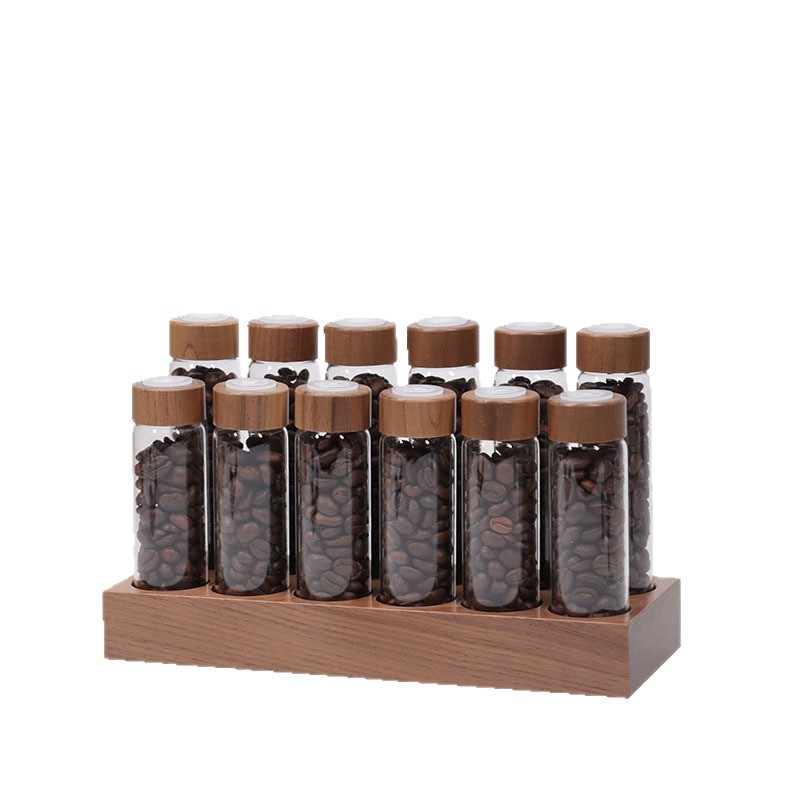 Válvula de ventilación unidireccional tapa de botella base de nuez granos de café subpaquetado vidrio de madera sólida olor botella base de almacenamiento sellado