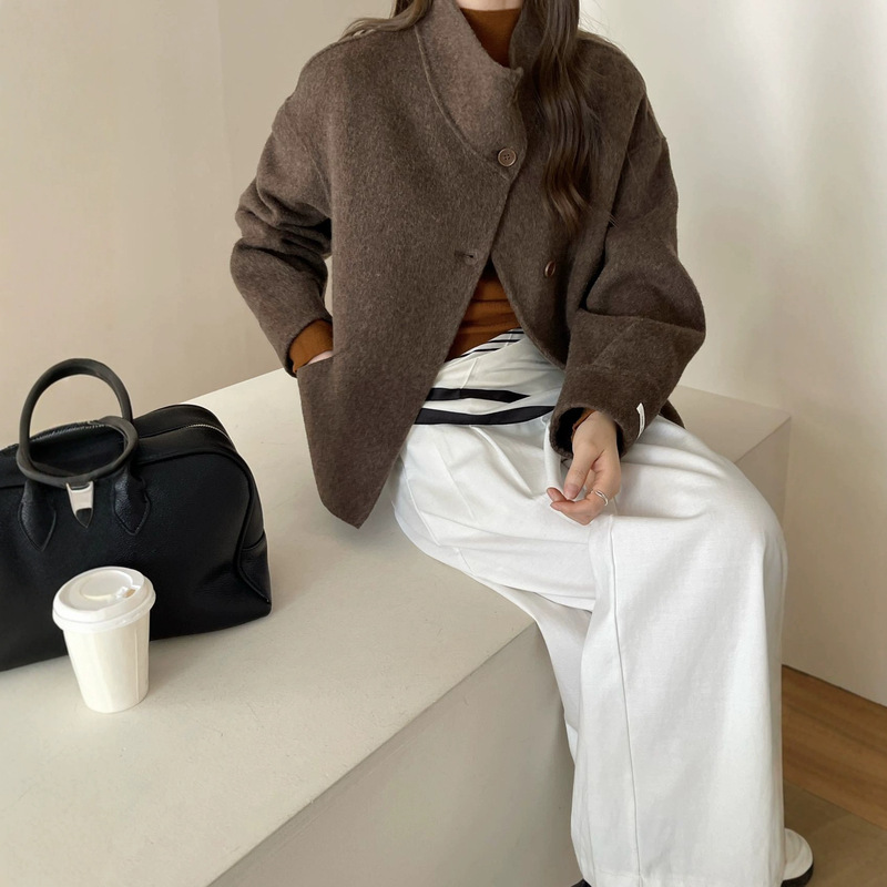 Stand Collar, Dropped Shoulder Sleeves, Single Row, Multiple Buttons, Diagonal Pockets, Korean Style Simple Double-Sided Nylon Wool Coat, Woolen Jacket for Women, Autumn and Winter