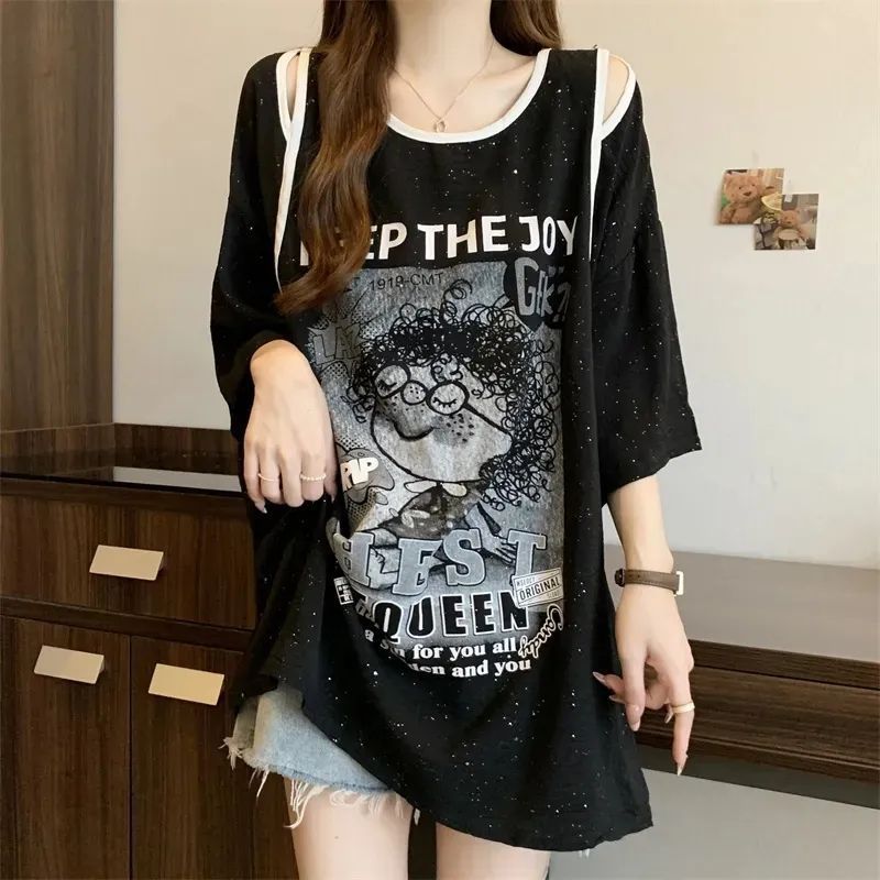 Camiseta de manga corta de longitud media sin tirantes de gran tamaño para mujer verano nuevo estilo suelto y delgado diseño elegante brillante top image 5