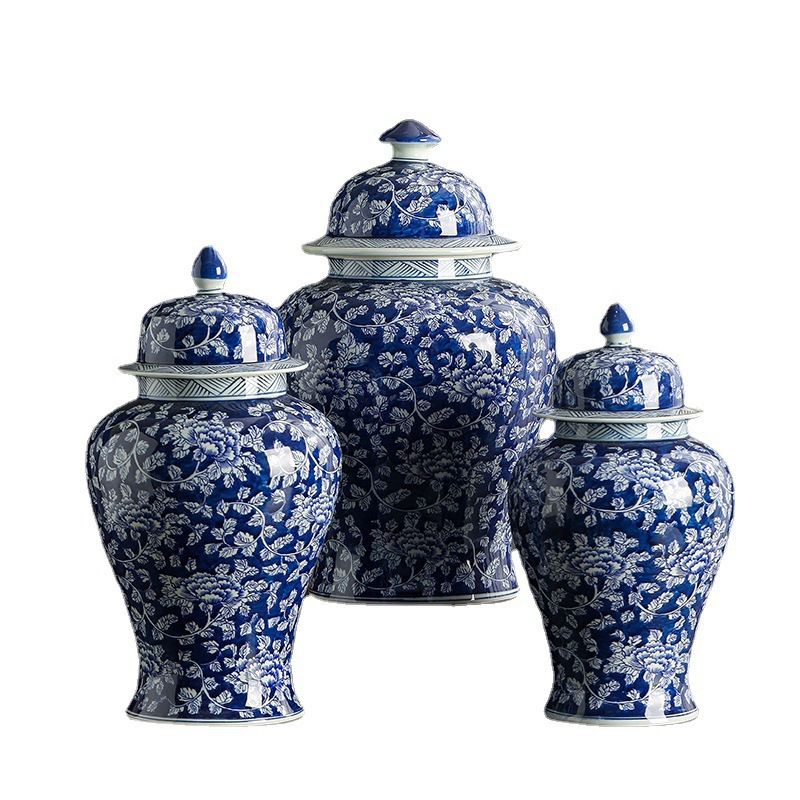 Jingdezhen flores azules de cerámica vasos de cerámica generales vasos de cerámica pintados a mano joyas de cerámica adornos de la villa de suelo jarrón
