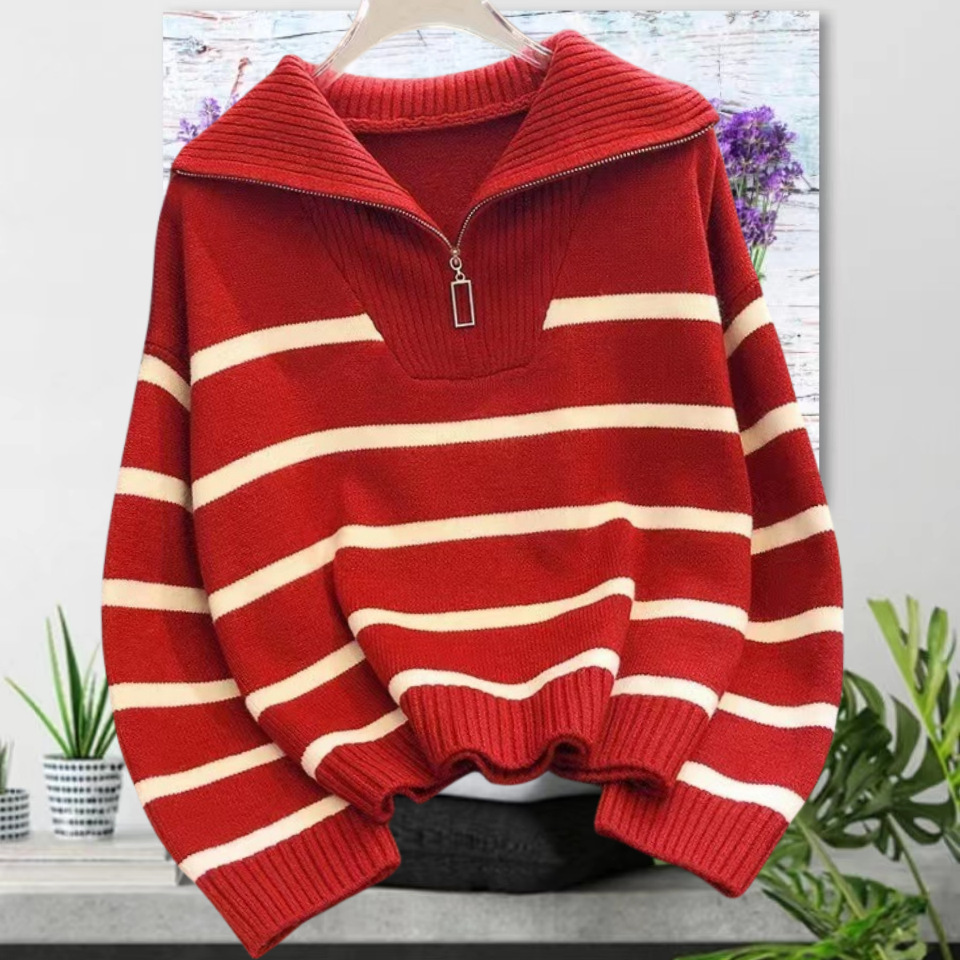 2024 neuer Damen-Herbst-Winter-College-Stil, außen und innen getragener gestreifter Strickpullover, Pullover mit halbem Reißverschluss_voghion.com