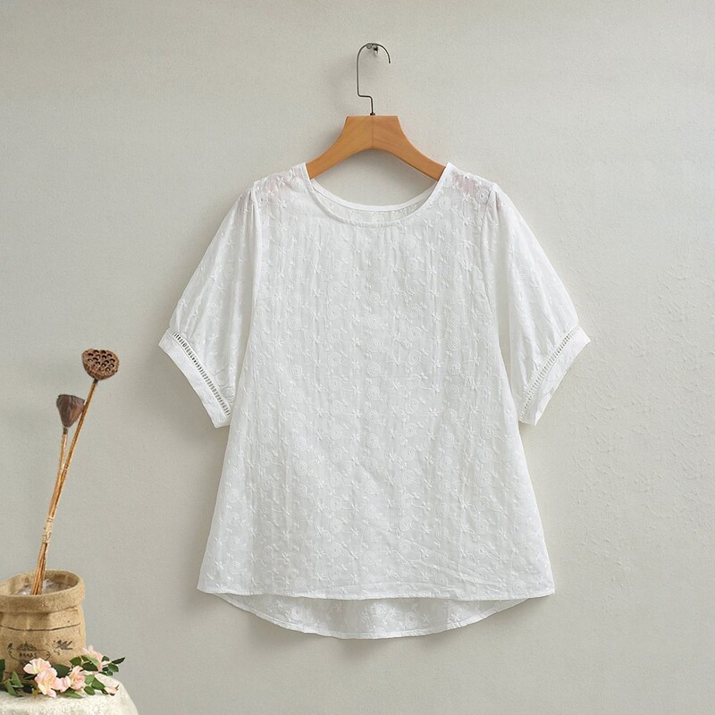 Brand New Short-Sleeve Women's Solid Color Shirt with Embroidery, Round Neck Top, Summer New Style, Unique Puff Sleeves, Simple Design Brand New Short-Sleeve Women's Solid Color Shirt with Embroidery, Round Neck Top, Summer New Style, Unique Puff Sleeves, Simple Design