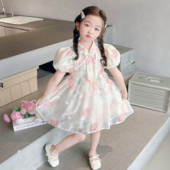 女童短袖夏季碎花公主連衣裙寶寶旗袍網紅裙子夏裝洋氣表演服薄款