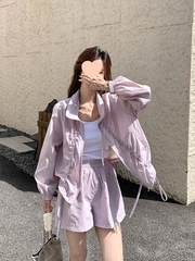 霞光紫韩版时尚休闲风防晒上衣套装女春季2025新款阔腿短裤两件套