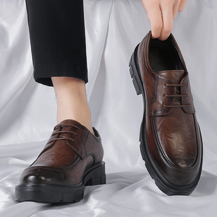 Inner Height 10CM Leather Shoes Men's Hand-Scratch Pattern Business Coat Shoes Low-top Lace-up Thick-soled British Breathable Bridegroom Wedding Shoes