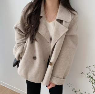 South Korea chic autumn and winter retro lapel double-breasted elegant all-match top loose slimming long sleeve woolen coat for women