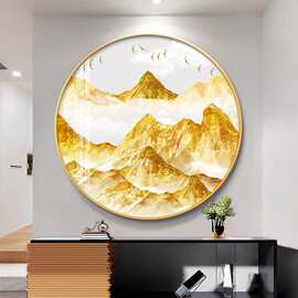 现代晶瓷画背有靠山圆形装饰画入户玄关过道金山挂画轻奢客厅餐厅