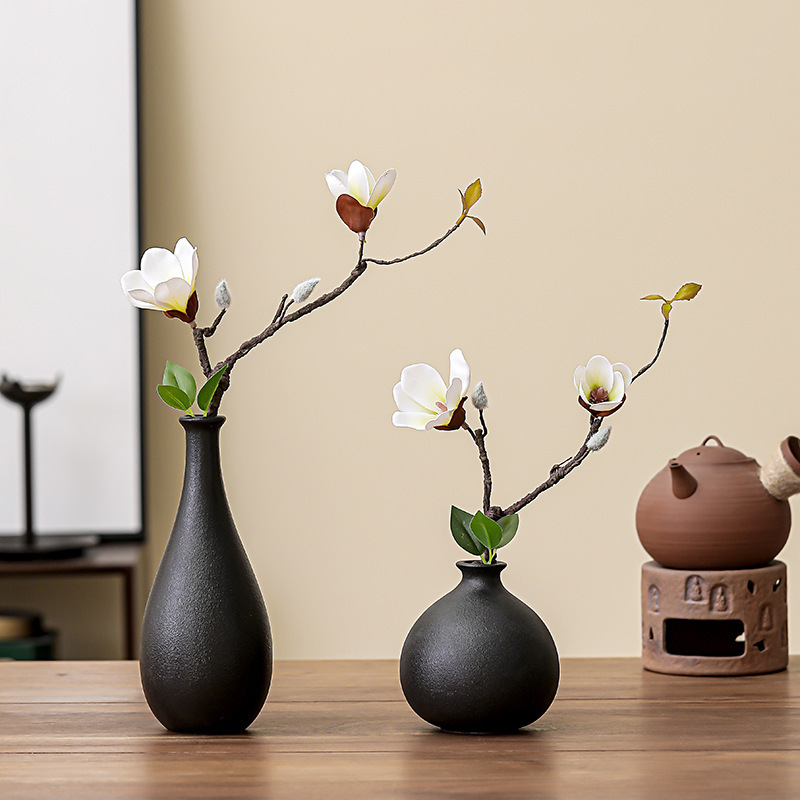 Chinese Retro Black Ceramic Small Vase Living Room Desktop Dried Flower Decorative Ornaments Coffee Table Zen Flower Arrangement High-End