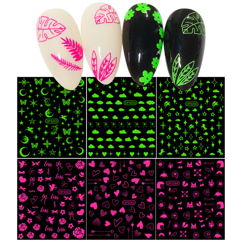 New fluorescent DIY nail art stickers with cloud, star, butterfly, heart designs in fluorescent rose red and green, adhesive nail stickers New fluorescent DIY nail art stickers with cloud, star, butterfly, heart designs in fluorescent rose red and green, adhesive nail stickers