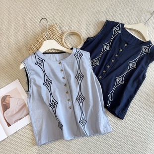 Navy Blue Ethnic Style Embroidered Vest with Outerwear, Women's Button-Up, 2025 Summer, Versatile, Slimming, Sleeveless Top