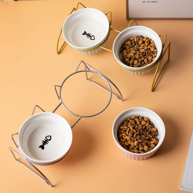 Fábrica al por mayor de cerámica gato comida tazón cuello protección diseño bebedero gato arroz tazón doble tazón antidetonante perro tazón de comida