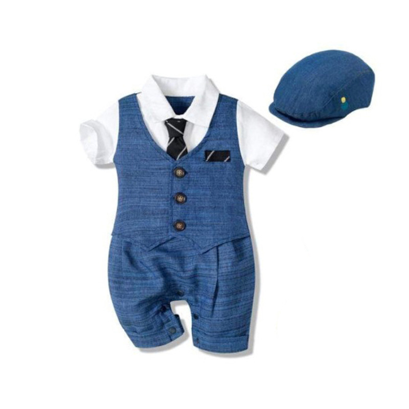 Cross-border European and American summer new hooded short-sleeved one-piece romper, baby boy gentleman's khaki suit one piece dropshipping