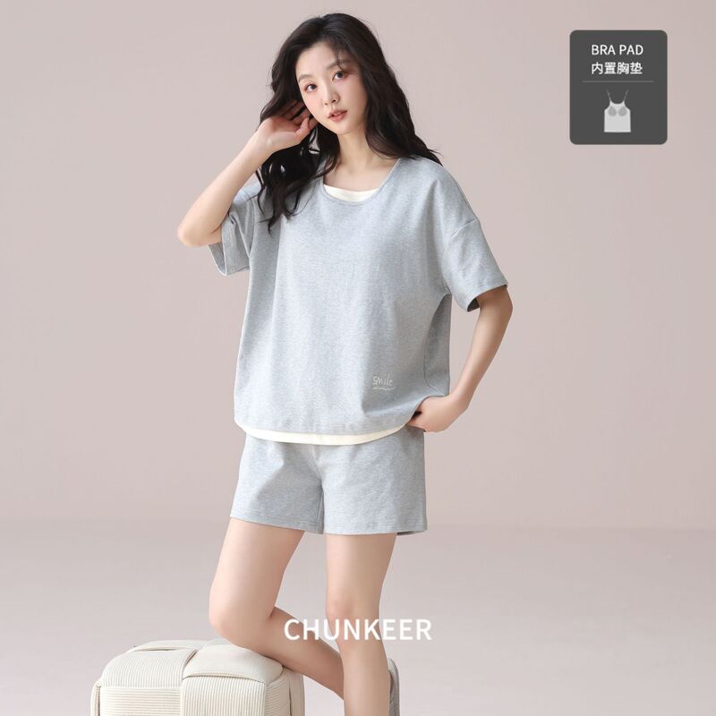 Simple Casual Pajamas, Short-Sleeved Shorts, Home Clothes Set, Women's Round Neck, Loose, Can Be Worn Outside, Solid Color with Chest Pad, Cross-Border Simple Casual Pajamas, Short-Sleeved Shorts, Home Clothes Set, Women's Round Neck, Loose, Can Be Worn Outside, Solid Color with Chest Pad, Cross-Border