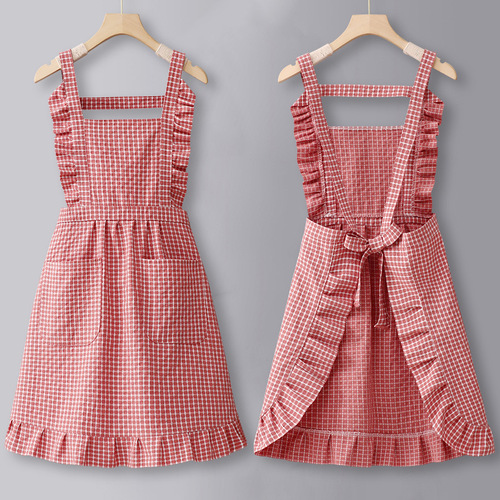 2025 Gingham Cotton Kitchen Apron Household Cooking Dining Special Purpose Commercial Nail Salon Workwear Fashion Women