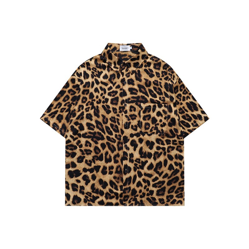 American-Style Leopard Print Short-Sleeve Shirt, Cool and Trendy Ice Silk Hip-Hop Couple's Half-Sleeve Shirt, Thin Jacket for Men, Size 8XL