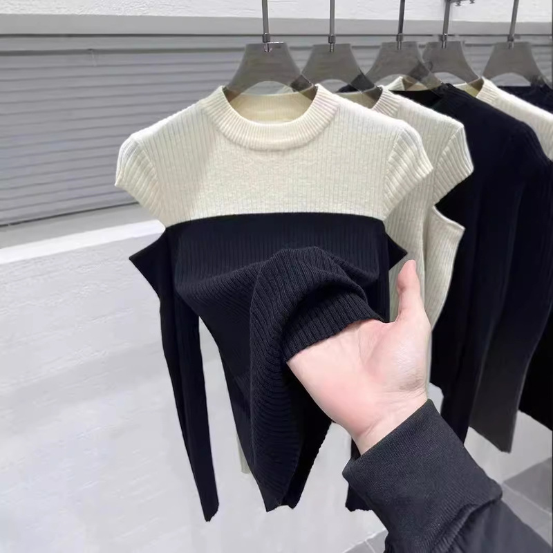 Autumn 2024 Long-sleeved Knitted Semi-high Neck Base Shirt with Fashionable Shoulder Elbow Chic Knitted Top