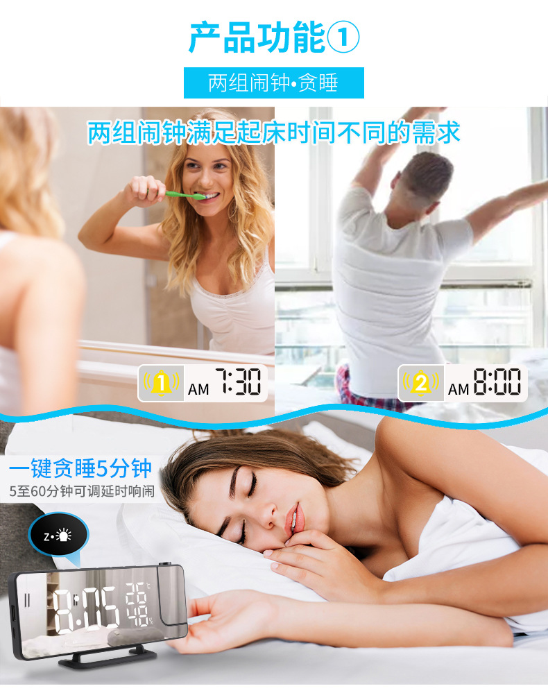 New cross-border radio projection alarm clock, LED large screen display, temperature and humidity electronic clock, digital alarm clock pic 7